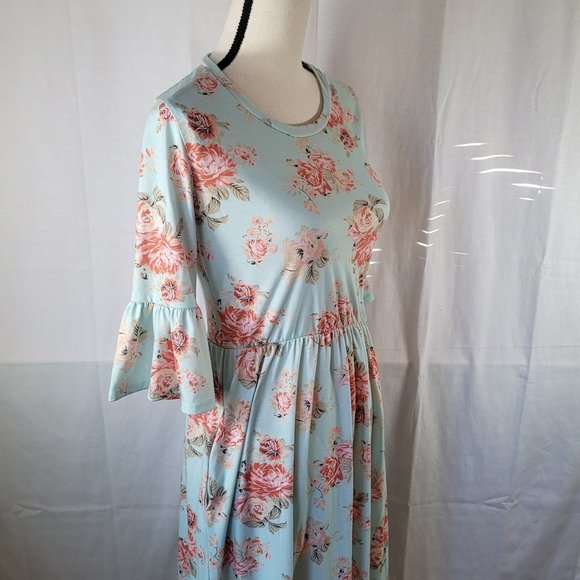 Promesa Light Blue Pink Floral Roses Midi Dress Bell Ruffle Sleeves Pockets - Picture 7 of 7